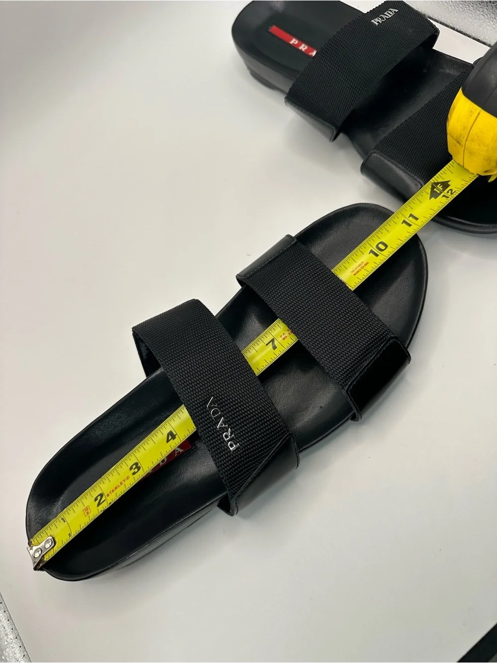 Prada Black Leather and Fabric Double-Strap Slides with Red Insole Detail